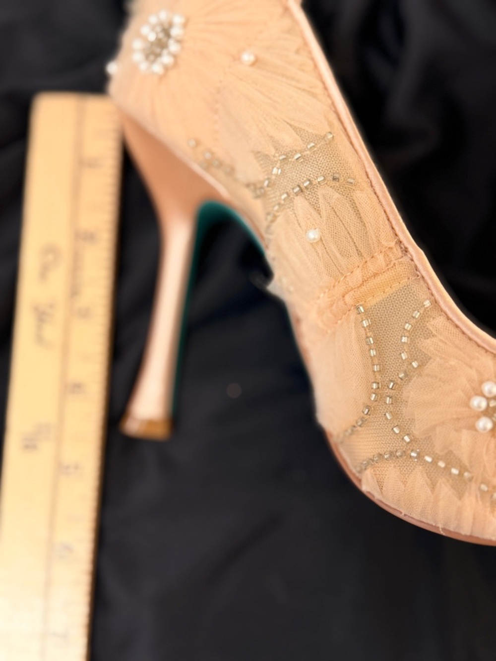 Betsey Johnson Nude Beaded Tulle Pointed Pump with Teal Heel - Picture 6 of 11